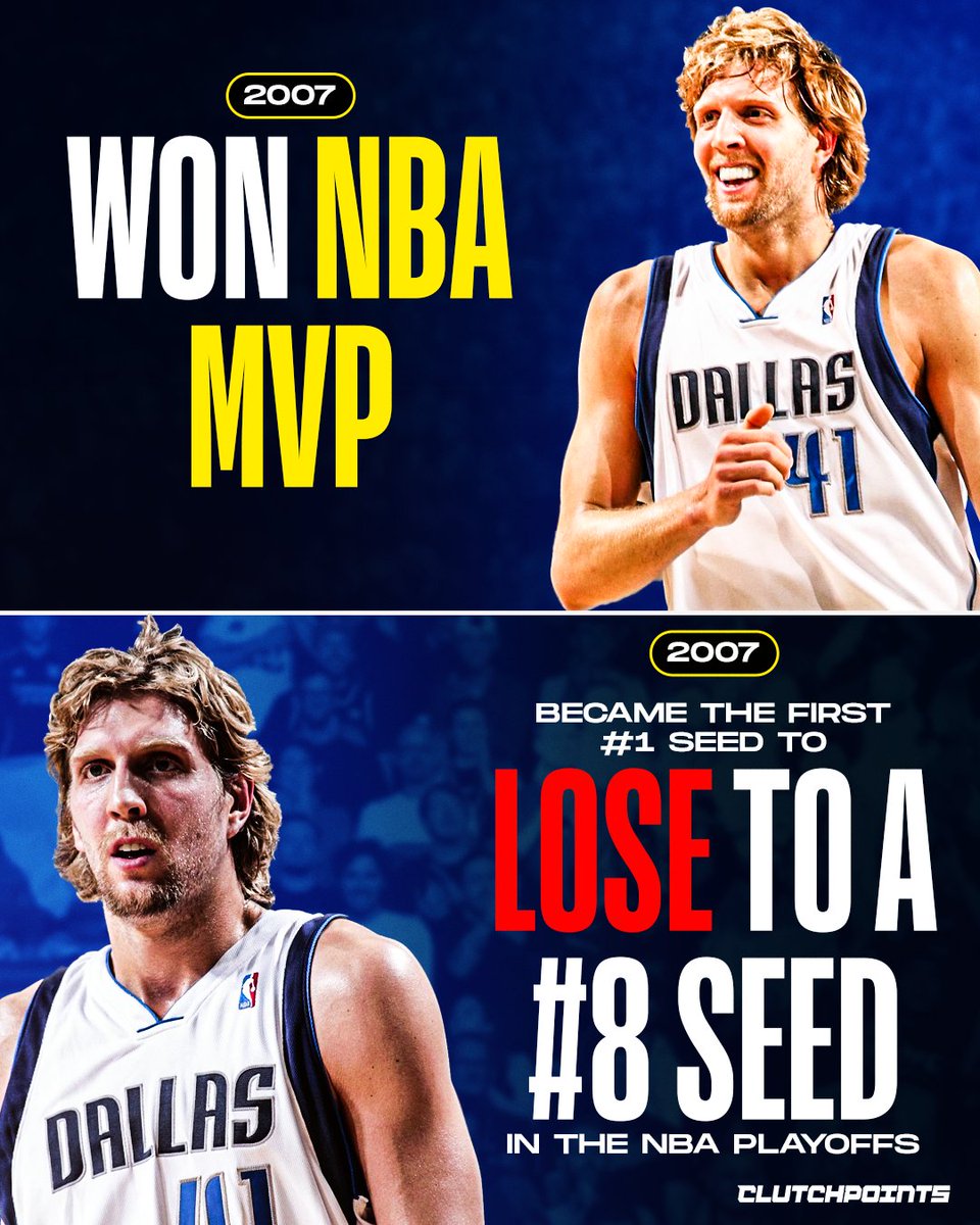 MavsNationCP's tweet photo. Dirk Nowitzki's journey to a championship is one of the greatest redemption stories in NBA history.

🏆 2007 MVP
❌ First No. 1 seed to lose to a No. 8 seed
🏆 2011 NBA Champion https://t.co/omFTNtFsXN