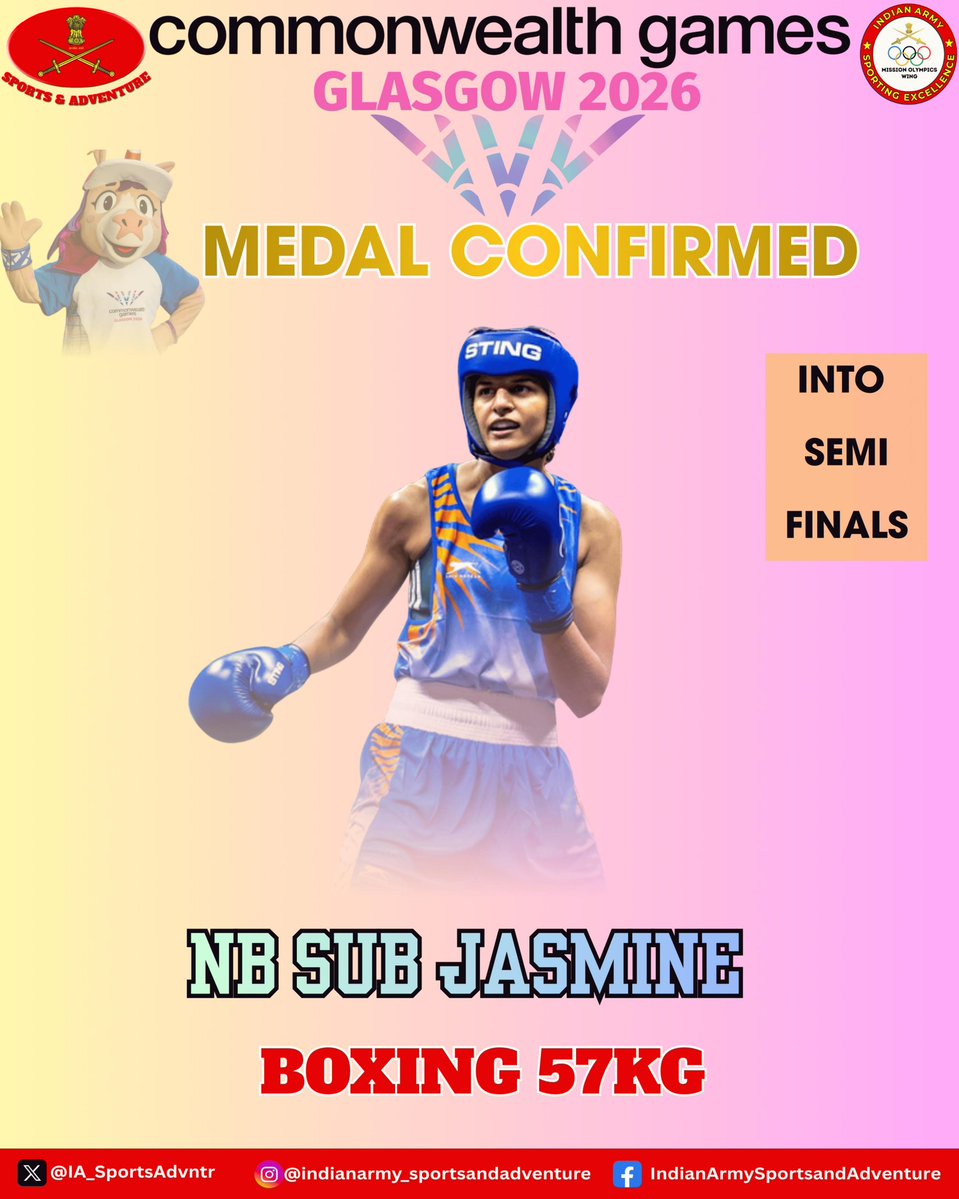 IA_SportsAdvntr's tweet photo. Four women. One uniform. One mission.
From the Corps of Military Police to the grand stage of #CWG2026, four #IndianArmy boxers carried the nation’s🇮🇳 hopes into the ring. With grit, discipline, and unshakable resolve, each of them fought their way into the semifinals—securing four assured medals🏅for India.
Forged at the #ArmySportsInstitute and backed by the Indian Army, they embody courage, resilience, and the spirit of service. They don’t just compete—they fight for the Tricolour.

#MissionOlympicsWing #Glasgow2026 
#Cheer4Bharat
@adgpi 
@BFI_official
@NorthernComd_IA @easterncomd 
@westerncomd_IA
@SWComd_IA
@IaSouthern