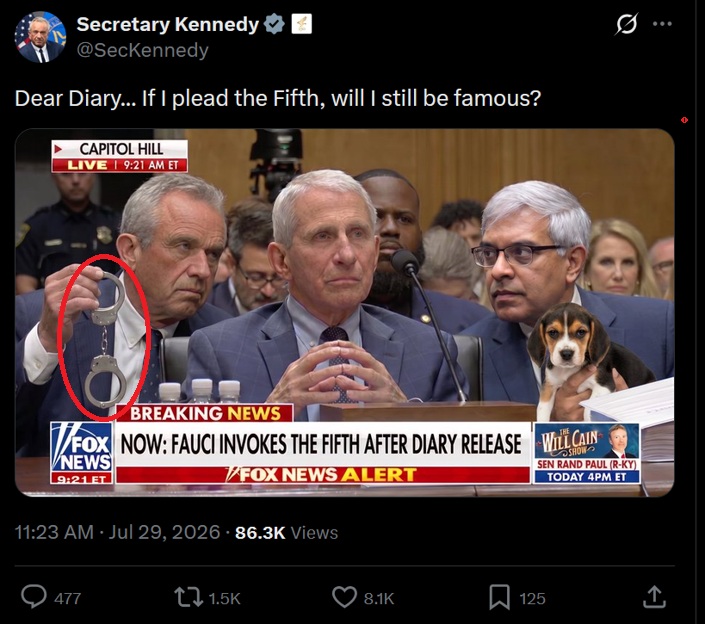 herrsettembrini's tweet photo. @damintoell Republicans can't have it both ways. They can't claim Fauci has "no basis" for asserting his 5th Amendment rights while at the same time vowing to use every option available to arrest and imprison him. https://t.co/Z4ngHYkr7Q