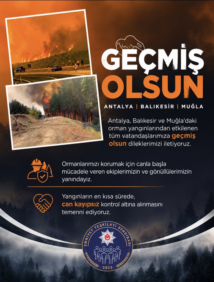 EmniyetTS's tweet photo. Antalya, Balıkesir ve Muğla’daki orman yangınlarından etkilenen tüm vatandaşlarımıza geçmiş olsun dileklerimizi iletiyoruz.

Ormanlarımızı korumak için canla başla mücadele veren ekiplerimizin ve gönüllülerimizin yanındayız. Yangınların en kısa sürede, can kayıpsız kontrol altına alınmasını temenni ediyoruz.