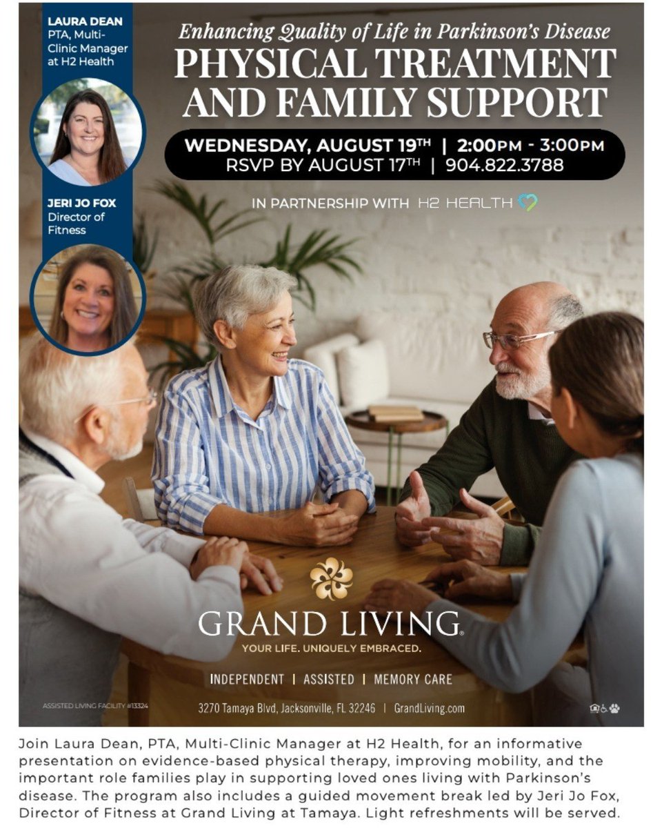 JAXChamber's tweet photo. #ilovejax 💙 Here's what our members are doing around Jacksonville! ⬇️

✨ Discover Practical Ways to Enhance Life with Parkinson's Disease - Learn strategies for improving mobility, independence, and family support

📅 Wednesday, August 19, 2026
Time: 2:00 - 3:00 PM

Living well with Parkinson's disease begins with the right knowledge and support. Join us for an educational presentation featuring Laura Dean, PTA, Multi-Clinic Manager at H2 Health, who will share evidence-based approaches to physical therapy, improving mobility, and helping individuals maintain independence throughout every stage of Parkinson's disease.

Hosted by Jeri Jo Fox, Director of Fitness at Grand Living at Tamaya, the afternoon also includes a guided movement break designed to encourage safe, purposeful activity. Whether you're living with Parkinson's disease, caring for a loved one, or simply looking to learn more, you'll leave with practical insights and valuable resources. Light refreshments will be served.

➡️ RSVP by Monday, August 17

#JAXChamber #jaxevents #jacksonvillefl #jaxcommunity