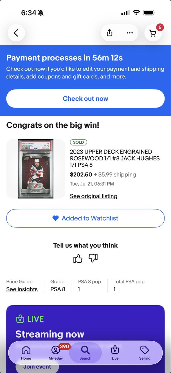 n8dagrape's tweet photo. @CardPurchaser My first ever 1/1 purchase on a Jack Hughes PSA 8, Think I got a steal for $200, but I could be wrong, What do you think? https://t.co/Zsz3pTat93