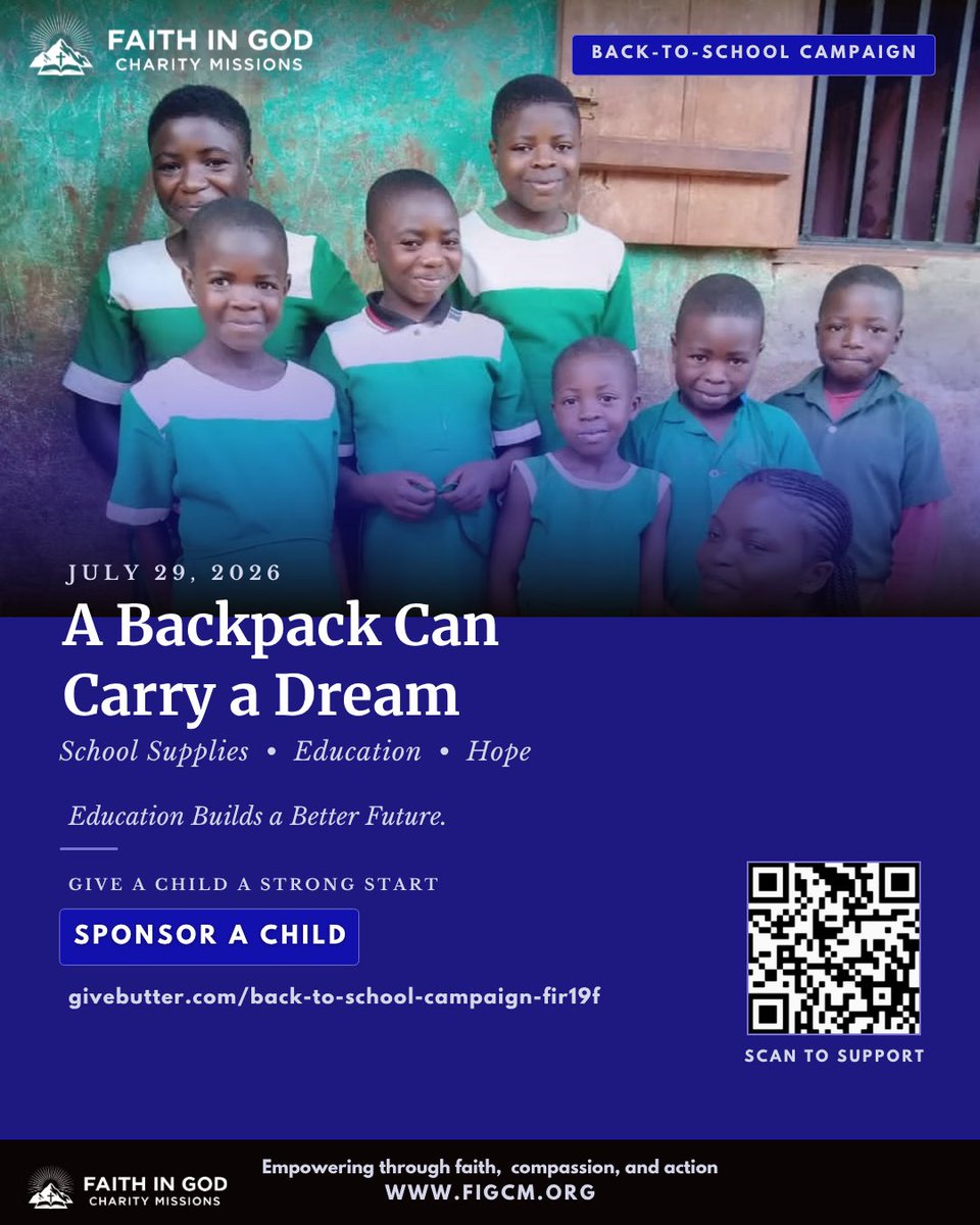 figcm2025's tweet photo. A backpack can carry a dream. 
Help a child start school with hope this year.

Sponsor a child: https://t.co/mbl2Rl34le

#BackToSchoolCampaign #SponsorAChild #FaithInGodCharityMissions https://t.co/f61jlw87oY