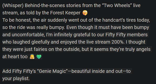 Givancy1106's tweet photo. Behind the scenes stories from the 'Two Wheels live' stream, as told by the Forest Keeper!😁👍
#FIFTYFIFTY #피프티피프티
#두바퀴라이브 #ForRestLIVE
소원 빌었더니 피프티피프티가 리어카 타고 나타남💚| FIFTY FIFTY - Genie Magic | 두바퀴 라이브 https://t.co/hfnbMeuKUb https://t.co/CM0HvE4R9S