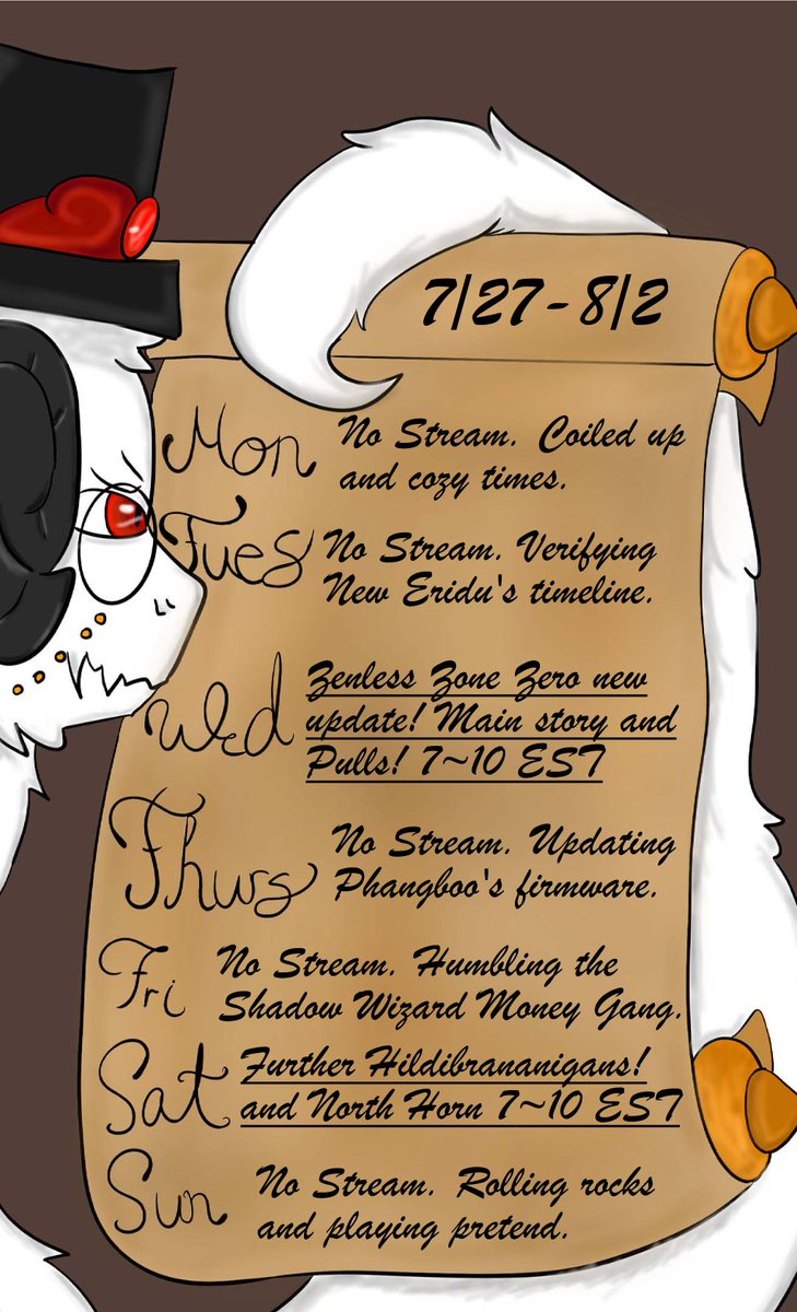 PhangTabai's tweet photo. Good day, Acolytes!

Tonight we explore the new story and appreciate the Physics in ZZZ. I have saved up for a lot of pulls, so with any luck we'll yoink a pink haired baddy!

And FF14's new update brings us MORE HILDIBRAND!
Saturday we engage in his tomfoolery!

Stay safe 🐍🐏💜 https://t.co/jXlOxmf1KX