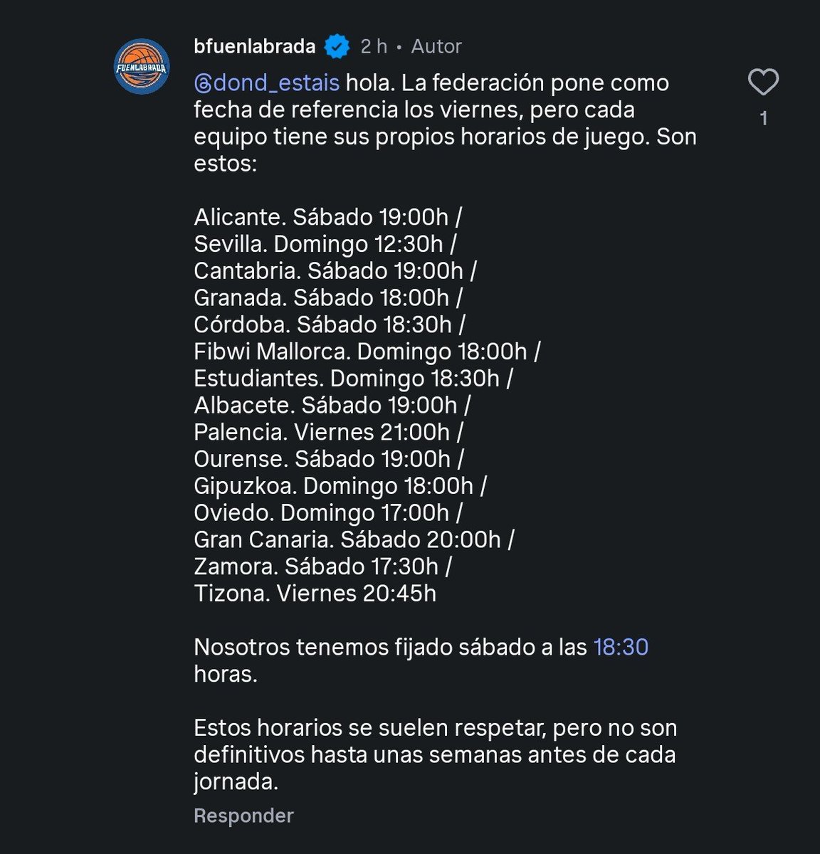 jramirezblue's tweet photo. Publica el @BFuenlabrada en un comentario de Instagram los horarios de las distintas canchas de LEB. 

Estos horarios son orientativos y se pueden modificar, pero si está prevista la jornada para el fin de semana (sin jornada intersemanal previa), son los horarios previstos. https://t.co/jXKeQ560xu