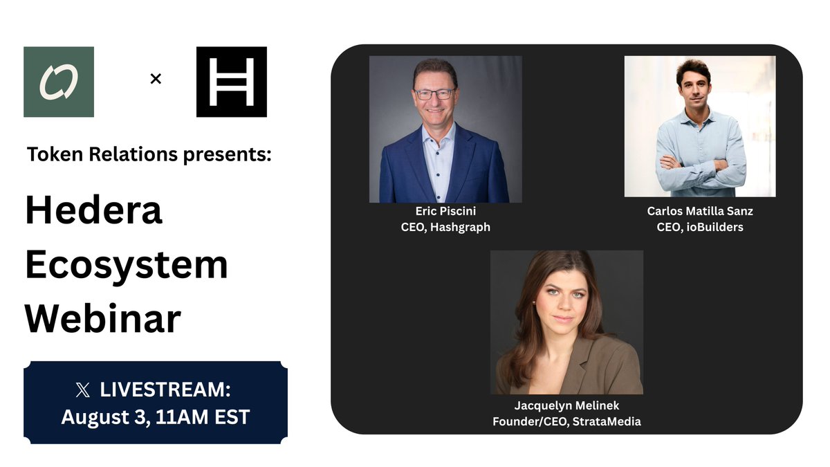 TokenRelations's tweet photo. Last week, we highlighted @Hedera's institutional stack.

Next week, we're diving into its ecosystem and tokenization.

Join us Monday, August 3rd, at 11AM EST for our Hedera Ecosystem Webinar with Eric Piscini, CEO of @Hashgraph, and Carlos Matilla Sanz, CEO of @iobuilders. https://t.co/zuNerFgWai