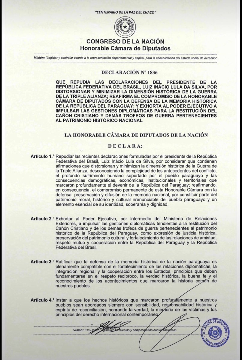 juliovschneider's tweet photo. Congresso do Paraguai reage e emite dura nota de repúdio contra Lula após fala sobre a Guerra da Tríplice Aliança.

No documento, parlamentares acusam o presidente brasileiro de distorcer a história, minimizar uma das maiores tragédias do povo paraguaio e ignorar a complexidade do conflito e o profundo sofrimento humano causado pela guerra.