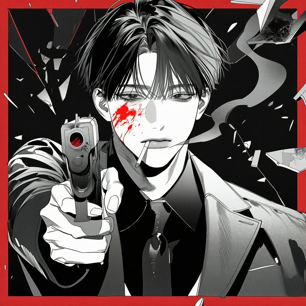 _2ve_E's tweet photo. ✦ 가치없는 말

찐빠주의 ★★★★☆ ( 의상포함 )  

4::greyscale::, Cinematic bust portrait, dark-textured suit jacket, black shirt, black tie, lit cigarette, cigarette in mouth, 1.2::Arm extended forward, finger on trigger with right hand aiming::, 1.3::Screen shattered by bullet holes, large broken pieces and glass shards flying everywhere::, half-closed eyes, expressionless, faint sneer, 1.4::Red blood on cheek::, bridge of nose, lips, blood-stained collar, blood-stained fingertips, burning cigarette butt, swirling smoke, soft lighting, black background, crimson border lighting, red backlighting, high-contrast shadows, somber noir atmosphere, subtle film grain, clean cartoon-style line art  ( 4::greyscale:: < 가중치는 작태에 따라 조절해주세요. )