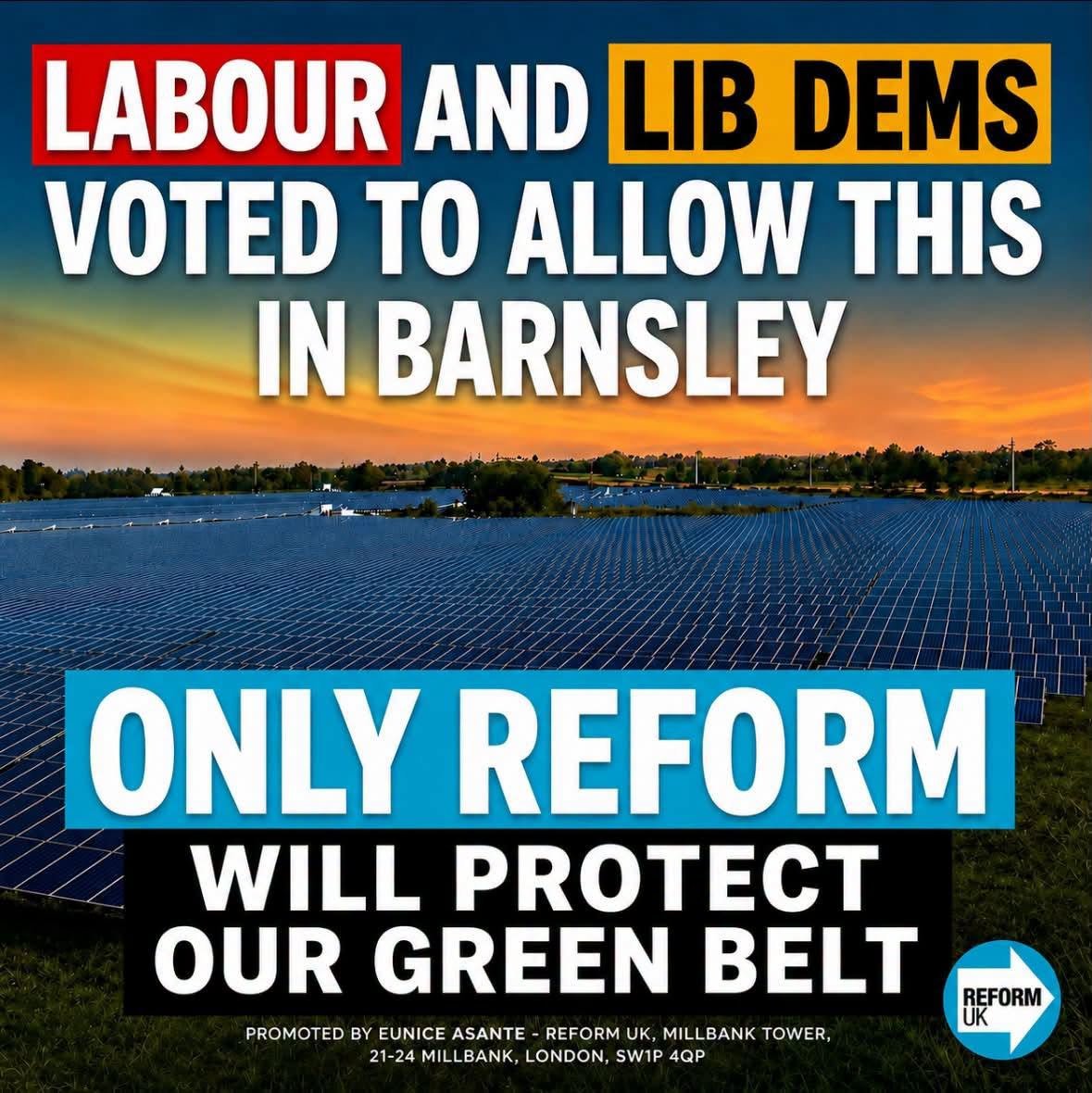 EdwardDReformUK's tweet photo. 🚨 Barnsley - Penistone East – Only Reform Will Protect Our Green Belt.

Labour 🥀  and the Liberal Democrats 🥜 voted to approve a solar farm covering an area larger than 130 football pitches of our countryside.

Thanks to the votes of Reform UK councillors on the Planning Board, the application was rejected, protecting valuable farmland and preserving our rural landscape.

We will continue to stand up for local communities and protect Barnsley’s Green Belt.

🗳️ On Thursday 20 August, vote Reform UK to continue protecting our countryside and putting local people first.

@reformparty_uk 
@Nigel_Farage 
@ZiaYusufUK 
@LeeAndersonMP_ 
@TiceRichard