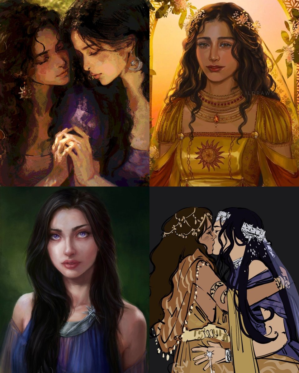PortalASOIAF's tweet photo. 🚨 | Game of Thrones: Mad King (SPOILER) 🌈
.
.
.
.
.
Casal: Ashara Dayne e Elia Martell foram confirmadas como amantes na peça de teatro. 

"Definitivamente eram um casal. A impressão que tive é que Ashara e Elia eram o grande amor uma da outra, enquanto o casamento de Elia e Rhaegar era político. Já Ashara com Barristan Selmy e Ashara com Brandon Stark pareciam relacionamentos secundários, em contraste com o vínculo dela com Elia."

• Ashara amava Elia

• Ashara desejava Barristan, mas ele não teve coragem de ir até o fim

• Ashara se sentia atraída por Brandon
(também frustração com Barristan) teve um caso que a deixou grávida ela perde a criança e então vê Brandon morrer logo depois.  
📎Via: Reddit/ASOIAF (TripleEss)

Importante reforçar que essas são as impressões da pessoa que assistiu a peça!
Artes: anmenmai, ildraws, Elena María Vacas e Cj_KhalifP.