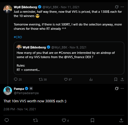 Pampadalampa's tweet photo. Good old times with @Wyll_BBK giving away thousands in @VVS_finance token.

10m $VVS worth $9 today, btw. 😅 https://t.co/0c0R6jhOIp