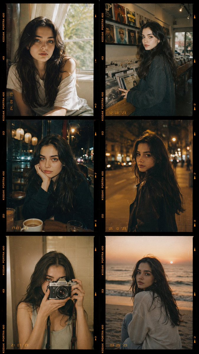 gemini_prompts's tweet photo. Trend 732
Convert your photo into vintage 35mm film 🎞️📽️

Set frames according to your own choice in below prompt.

Prompt:
"Use the face from the reference photo and preserve the exact identity, facial features, proportions, expression, skin tone, hairstyle, and natural skin texture. Maintain visible pores and authentic facial details. Do not beautify, reshape, or create an AI-looking face.
Create an ultra-realistic vintage 35mm film contact sheet collage featuring the same woman across six candid lifestyle moments with a warm, nostalgic editorial aesthetic.

The six frames show:
1. Relaxing indoors beside a sunlit window.
2. Browsing vinyl records in a retro record store.
3. Sitting alone in a cozy café at night.
4. Walking through a city street under warm streetlights.
5. Taking a mirror selfie with a classic 35mm film camera.
6. Sitting on the beach during sunset.

The subject has long silky black hair, expressive eyes, effortless casual style, and natural, realistic skin with visible pores and subtle imperfections.
Capture every frame as authentic Kodak Portra 400 analog photography with a disposable-camera feel, warm nostalgic colour grading, soft direct flash, subtle film grain, faded colours, halation, light leaks, dust, fine scratches, slight vignette, imperfect framing, cinematic storytelling, and realistic candid composition.
Arrange the images as a six-photo contact sheet with black film borders, Kodak Portra 400 markings, authentic frame spacing, and timestamp imprints for a genuine developed-film look.
Ultra-realistic editorial photography, highly detailed, premium analog aesthetic.
Aspect ratio: 9:16
Negative prompt: Changed identity, AI-looking or beautified face, plastic skin, distorted anatomy, repeated poses, duplicate frames, unrealistic lighting, over-processed colours, digital look, cartoon, illustration, anime, CGI, text, logo, watermark."