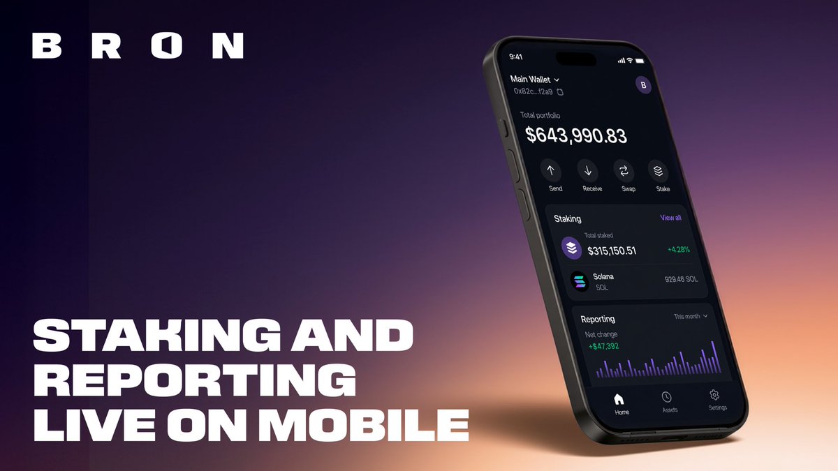 bronwallet's tweet photo. Staking and Reporting are now live in Bron’s mobile app.

Access supported staking protocols through independent provider @P2Pvalidator. 

Review wallet activity, and export structured transaction data directly from your phone.

More of the full Bron experience is now available wherever you are.

https://t.co/K6Tvh8c0RH

https://t.co/2DaU5L2N2j