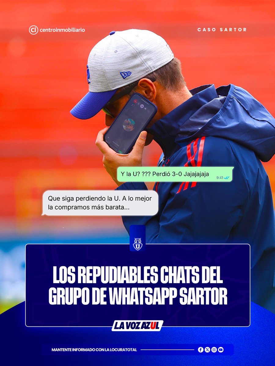 LaVozAzul_'s tweet photo. Un reciente reportaje exclusivo de T13 ha sacado a la luz los indignantes chats de WhatsApp de los directores del Grupo Sartor antes de adquirir Azul Azul.

Los documentos, que forman parte de una investigación de la Fiscalía, revelan conversaciones del año 2020 donde directivos como Michael Clark, Pedro Pablo Larraín y Mauro Valdés festejaban el mal momento deportivo del equipo.

La frase más repudiable fue escrita por el exdirector Iván García Huidobro tras la derrota azul en un clásico universitario: "Que siga perdiendo la U. A lo mejor la compramos más barata", dejando en evidencia una absoluta falta de escrúpulos.

Asimismo, planificaron cómo desmentir públicamente los vínculos con el representante Fernando Felicevich para intentar calmar a quienes ellos mismos llamaron, de forma totalmente despectiva, "algunos afiebrados".

#VamosLaU #LocuraTotal 🔵🔴🤘🏻