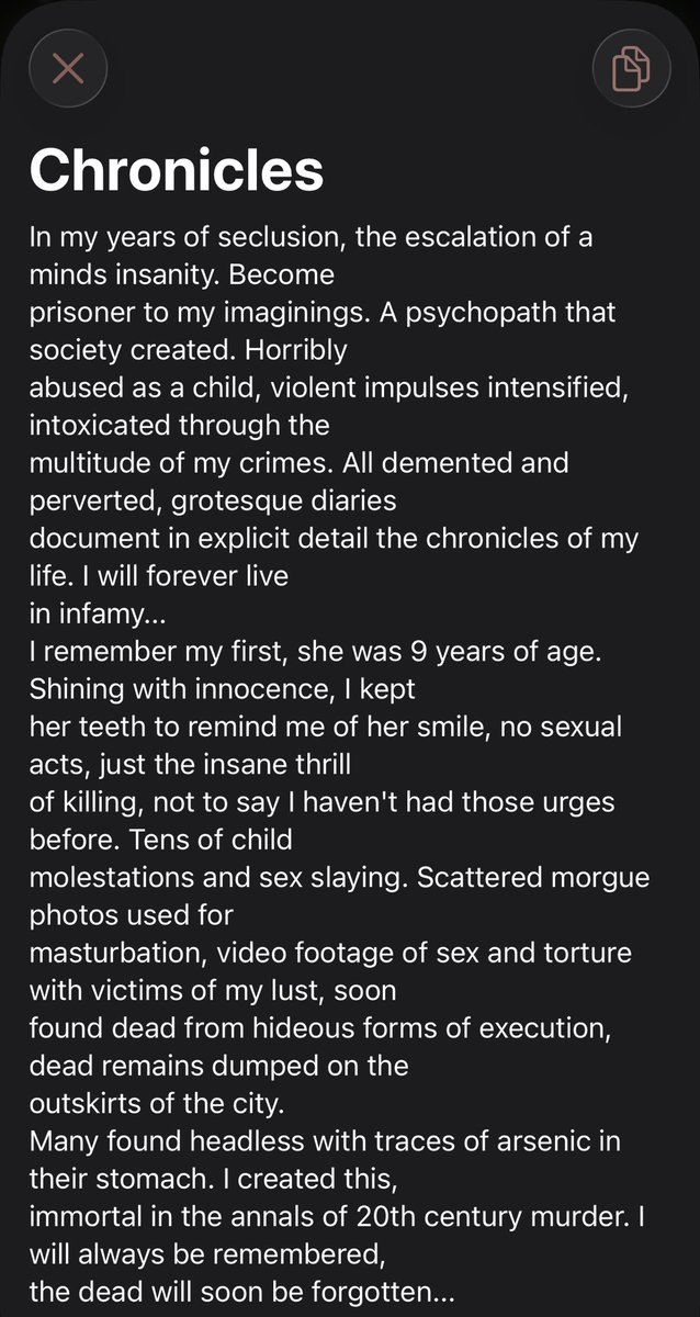 Fullofbrix2112's tweet photo. Listening to Forensic again and getting sick reading these lyrics (In a good way). Truly fucking disturbing. Gives me straight chills every time I read them.

Mortal Decay has been a massive influence on me as a writer. https://t.co/YOzQZ5u2dA