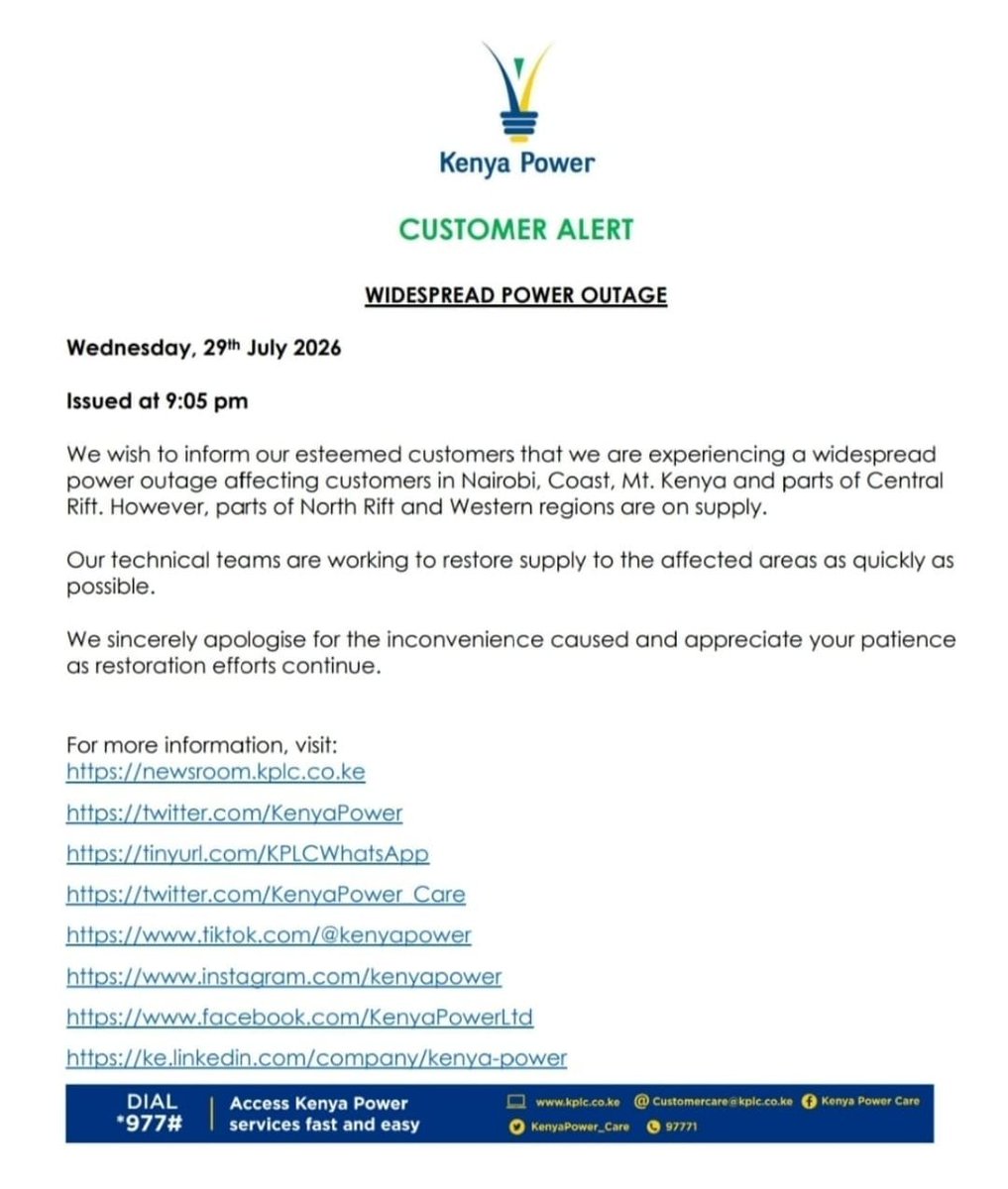 lawrencekitema's tweet photo. Kenya Power confirms a widespread power outage affecting customers in Nairobi, the Coast region, Mt. Kenya, and parts of the Central Rift. https://t.co/VJ0awoeIyE
