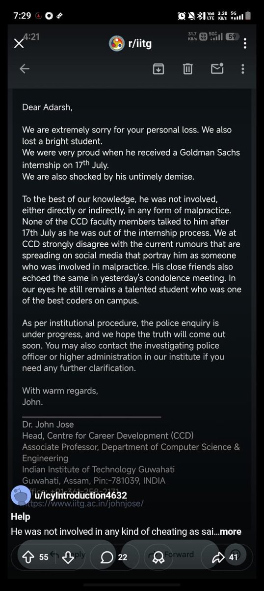 deluluzarchive's tweet photo. @vansh22b from the prof who allegedly caught him, his statement. do you still believe that it’s something this shallow?? seen this whole system v closely and i’m aware how inhuman and insensitive it is towards students. https://t.co/q6ZrlwMTSQ
