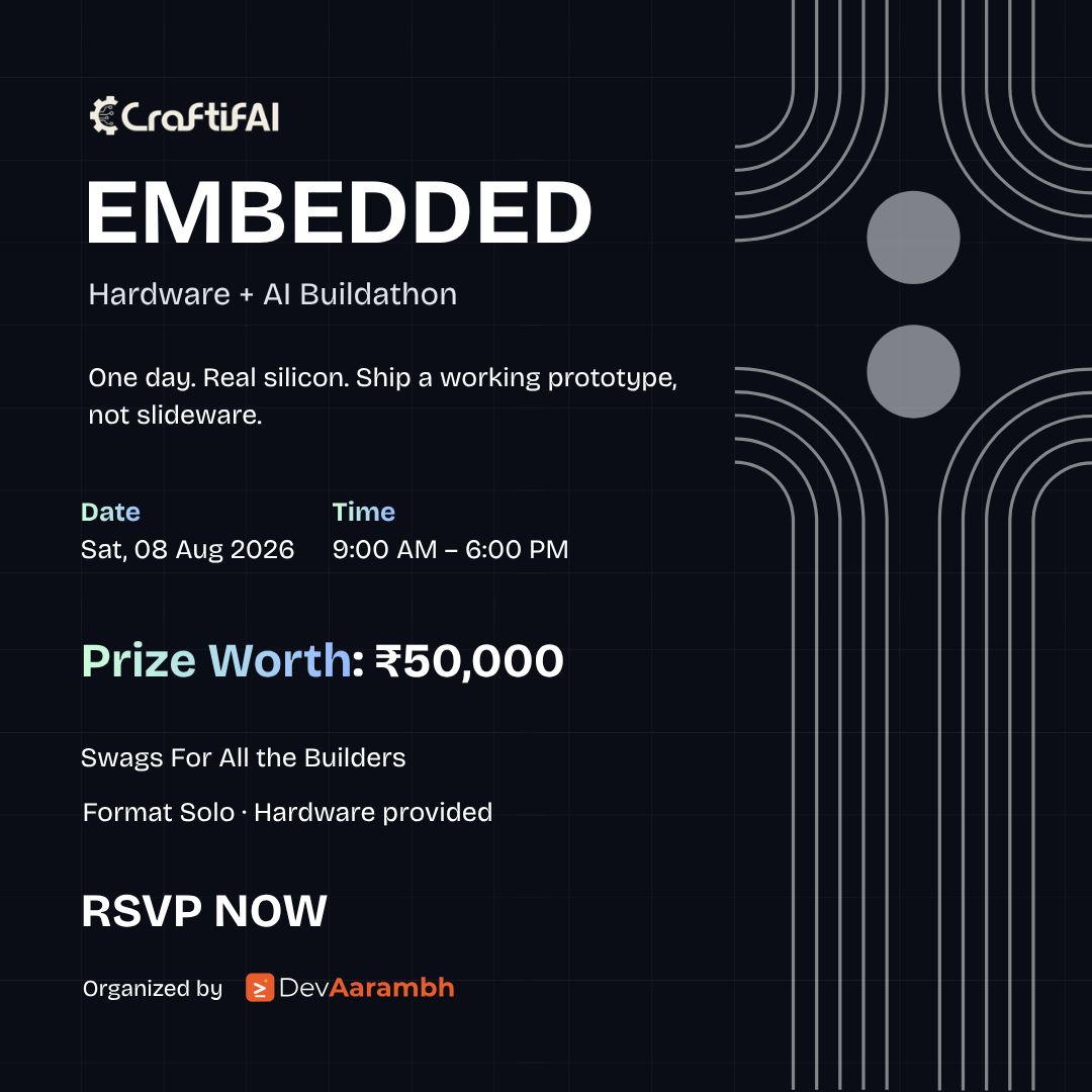 pratiksharda2's tweet photo. Hosting a hardware + AI buildathon in Bangalore on Aug 8

We hand you a jetson or an esp32. our agents handle the firmware and the perception pipeline. You just build.

The bet: give devs agents for the plumbing, see what ships in 9 hours.

50k prize pool. Hardware provided. @Microsoft  office.

RSVP here - https://t.co/hxfeGdf8aa