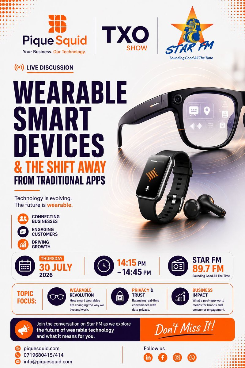 PiqueSquid's tweet photo. 📱➡️👓 Is wearable technology the future?

Join Pique Squid Consultancy LIVE on Star FM's TXO Show as we discuss smart wearables, AI, privacy, and how businesses should prepare for a post-app world.

📅 30 Jul 2026
🕑 14:15–14:45 HRS
📻 Star FM

#PiqueSquid #StarFM #WearableTech https://t.co/KV6KNEYEoE