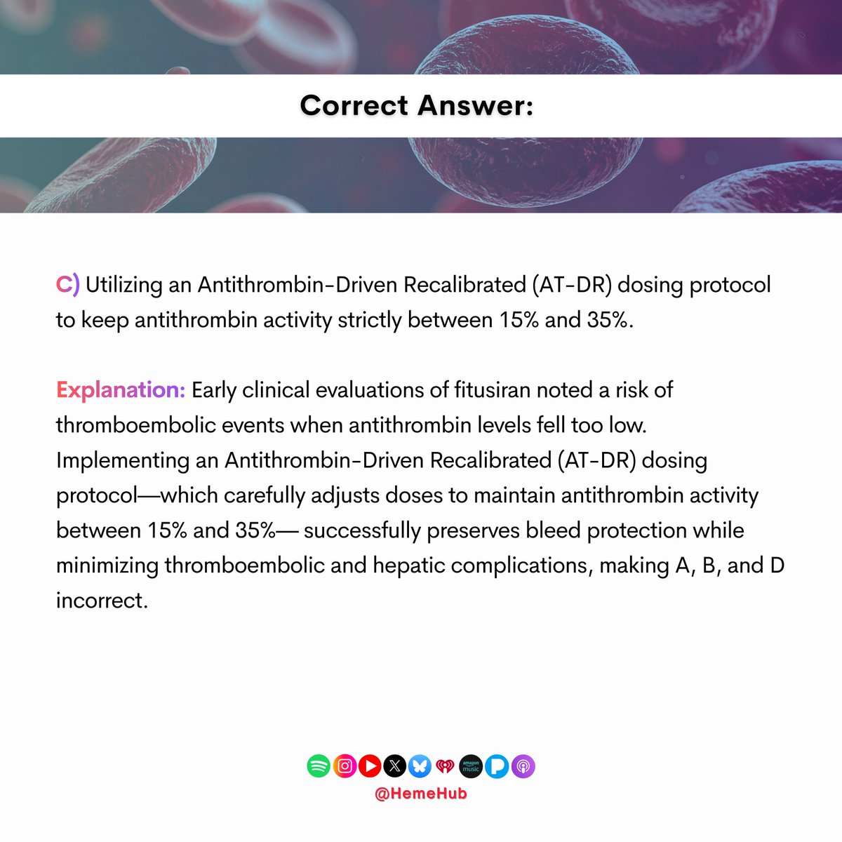 HemeHub's tweet photo. 💡🚀Today’s clinical questions!        

Swipe to see the answers and explanations!

#HemeHub #Hematology #HemophiliaB #Hemophilia #BleedingDisorders #RareDiseases #Fitusiran #Qfitlia #Antithrombin #RNAiTherapy  #Prophylaxis #Thrombosis #ClinicalTrials #ClinicalResearch https://t.co/ZHzFbMrRP1