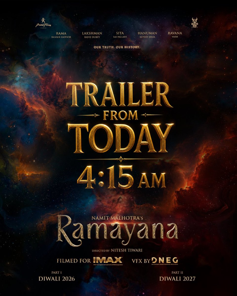 YashTrends's tweet photo. From India to every corner of the world, the greatest epic of Indian cinema

Experience the trailer today at 4:15 AM 🔥

#Ramayana #Yash 
@TheNameIsYash https://t.co/udmaA1LYSR