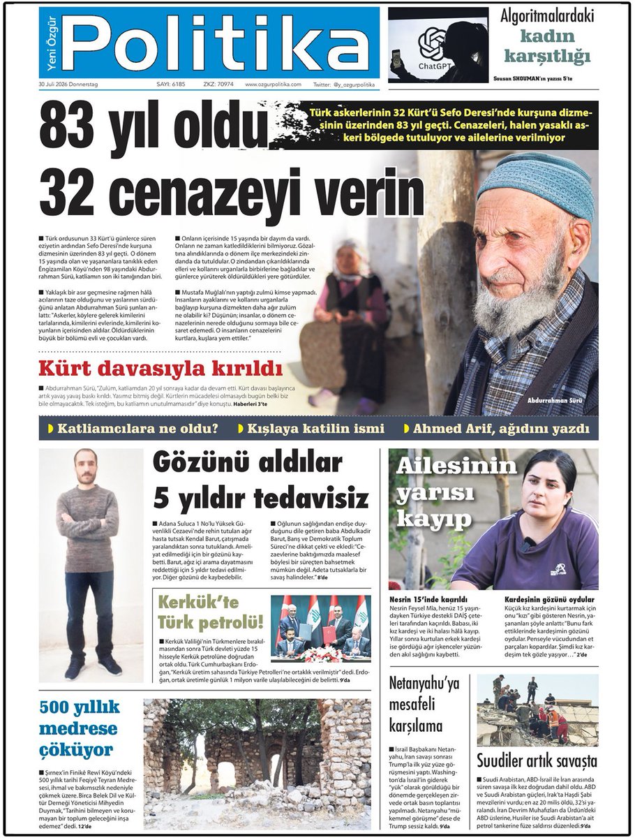 y_ozgurpolitika's tweet photo. 🔴 MANŞET

📌83 yıl oldu, 32 cenazeyi verin

Türk askerleri 32 Kürt’ü Sefo Deresi’nde kurşuna dizerek katletti. Aradan 83 yıl geçti. Cenazeleri, halen yasaklı bölgede ve ailelerine verilmiyor. Dönemin tanıklarından Abdurrahman Sürü, “Tek isteğim, bu katliamın unutulmaması” diyor. https://t.co/P9RWtJA9Dj