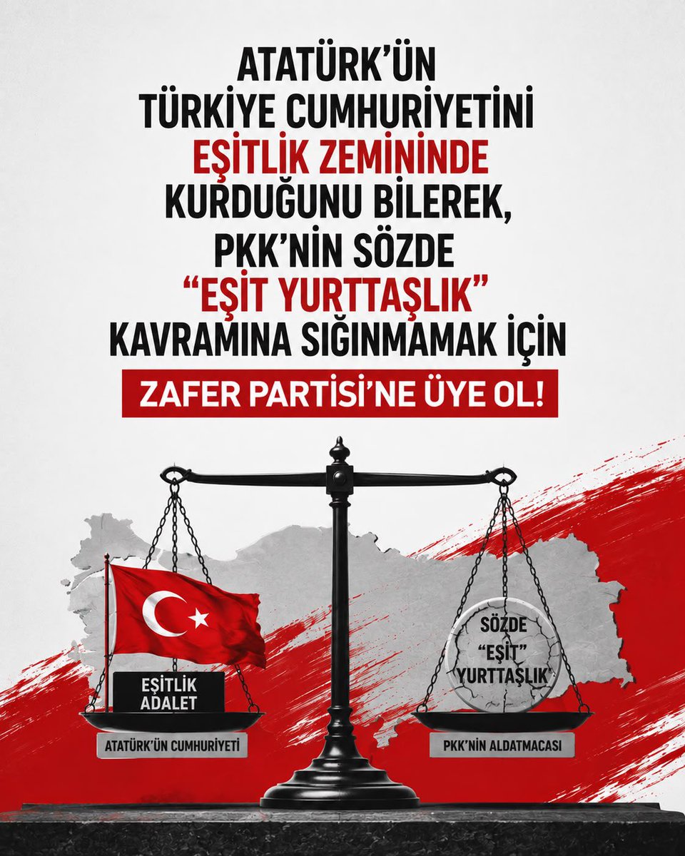 zpsancaktepe's tweet photo. Atatürk’ün Türkiye Cumhuriyeti’ni eşitlik zemininde kurduğunu bilerek, PKK’nin sözde “eşit yurttaşlık” kavramına sığınmamak için,

Zafer Partisine üye ol, Atatürk’ün izinde Özdağ’ın yanında Cumhuriyetimizi kararlılıkla savun!

https://t.co/H8WNrw1RDE
@umitozdag 
@zaferpartisi https://t.co/vFeg3gRL4L