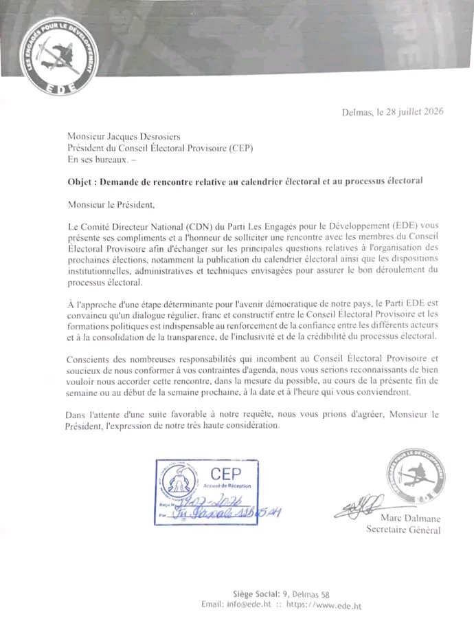 VOX__NEWS's tweet photo. Soucieux d'obtenir des clarifications sur les préparatifs du processus électoral, le Parti EDE a entrepris des démarches auprès du Conseil Électoral Provisoire (CEP) en vue d'une séance de travail. Cette rencontre devrait permettre d'aborder plusieurs points d'intérêt, notamment le calendrier des prochaines élections ainsi que les mécanismes institutionnels, administratifs et techniques mis en place pour favoriser le bon déroulement des opérations électorales.