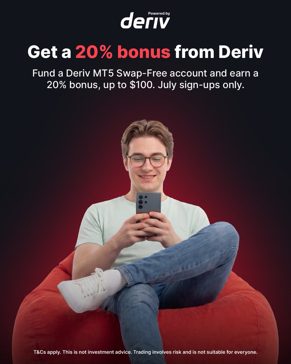 Forexmentos's tweet photo. ✅. This July, we’re offering new sign-ups a 20% bonus on their first transfer to fund their Deriv MT5 Swap-Free account, up to $100. 
The offer ends on 31 July. https://t.co/Tu2DVKtZI6 https://t.co/t1411S4Jzu