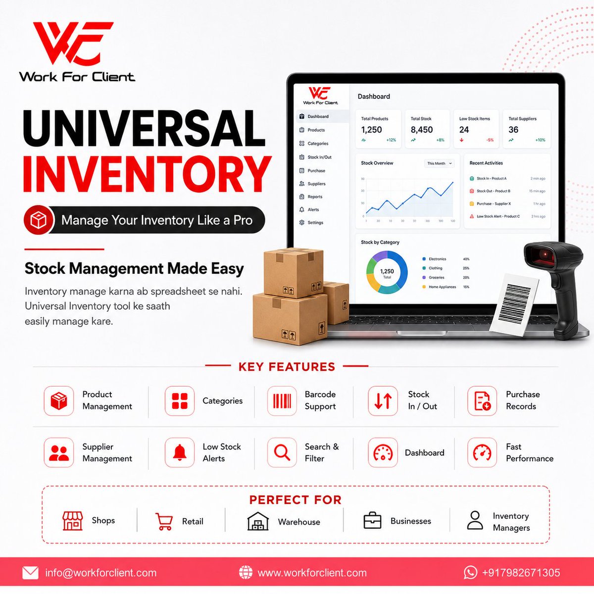 WorkForClient's tweet photo. 📦 Manage your inventory the smart way with Universal Inventory by Work For Client.

✅ Product Management
✅ Barcode Support
✅ Stock In/Out
✅ Low Stock Alerts
✅ Supplier Management
Simplify operations. Improve productivity.
🌐 https://t.co/zM9lKAa0SV https://t.co/mHbc3eZYr8