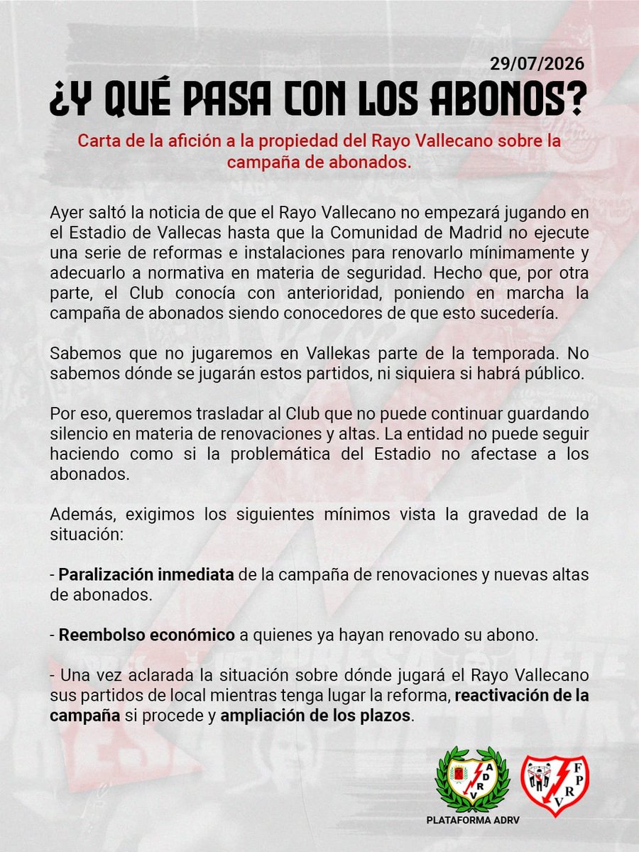 rayovallecanofp's tweet photo. Exigimos que el club informe sobre la situación de nuestros abonos. 
Estamos hartos de la gestión de nuestro equipo, no tenemos ningún año tranquilo por culpa del de siempre. 
#PresaVeteYa https://t.co/gepZN47YLf