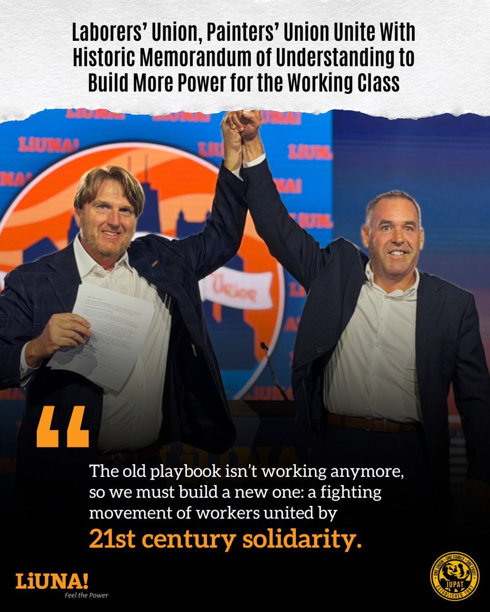 LIUNA's tweet photo. The LABOR MOVEMENT has always evolved to meet the moment. THIS is one of those moments. LIUNA and @GoIUPAT have signed a historic agreement that marks a NEW ERA OF SOLIDARITY, one focused on growing worker POWER, expanding UNION strength and ORGANIZING more workers. Because the future belongs to workers who stand TOGETHER. #LIUNA #IUPAT #Solidarity #MarchToOneMillion #bluecollar 

🔗 STATEMENT: https://t.co/o0NLbpxzg4