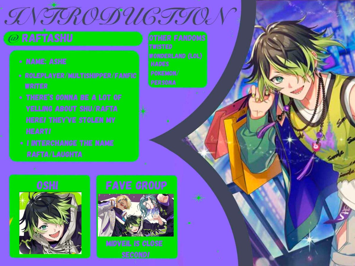 raftashu's tweet photo. My #spalikintro! Thanks to @hughgardnerr for making the template!
Hoping to share my love of aMazINC, Laughta, and my newest ship Shu/Laughta 🥧🎤 #spaliktwt #sparklinktwt https://t.co/wvxf03j0Ha