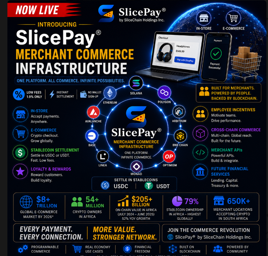 slice__pay's tweet photo. 🚀 NOW LIVE 🔥
Introducing SlicePay® Merchant Commerce Infrastructure.
We're not building another payment gateway-we're building the operating system for blockchain commerce.
✅ In-store + E-commerce
✅ Stablecoin Settlement (USDC & USDT)
✅ Cross-Chain Infrastructure
✅ Merchant APIs
✅ Programmable Loyalty
✅ Employee Incentives
One Platform. All Commerce. Infinite Possibilities.
The next decade won't be won by who processes payments.
It will be won by who owns the commerce infrastructure.
🌐 https://t.co/8YjCd4gnmV
@empowerZen  #SlicePay #Stablecoins #Fintech #Blockchain #Ecommerce #Payments #Crypto #Web3