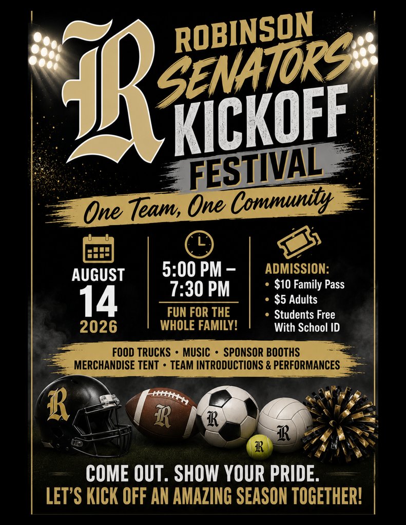 RHS_Senators's tweet photo. Join us on Friday, August 14 from 5:00 PM - 7:30 PM for food trucks, live music, sponsor booths and more.
๐๏ธ $10 Family Pass | $5 Adults | Students FREE w/ School ID
#GoSenators #SenatorPride #RobinsonSenatorsKickoff Festival https://t.co/VofmJG1zYA