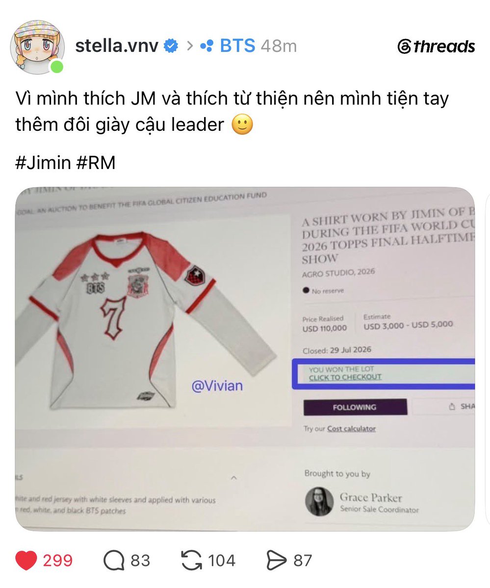 jiminticaI's tweet photo. the person who won jimin's shirt is a jimin biased army who also bought joon's shoes 🥹

"since i love jimin and wanted to support the charity, i couldn't resist adding our leader's  shoes too." SO PRECIOUS 😭 https://t.co/ZrTFrMNiiE