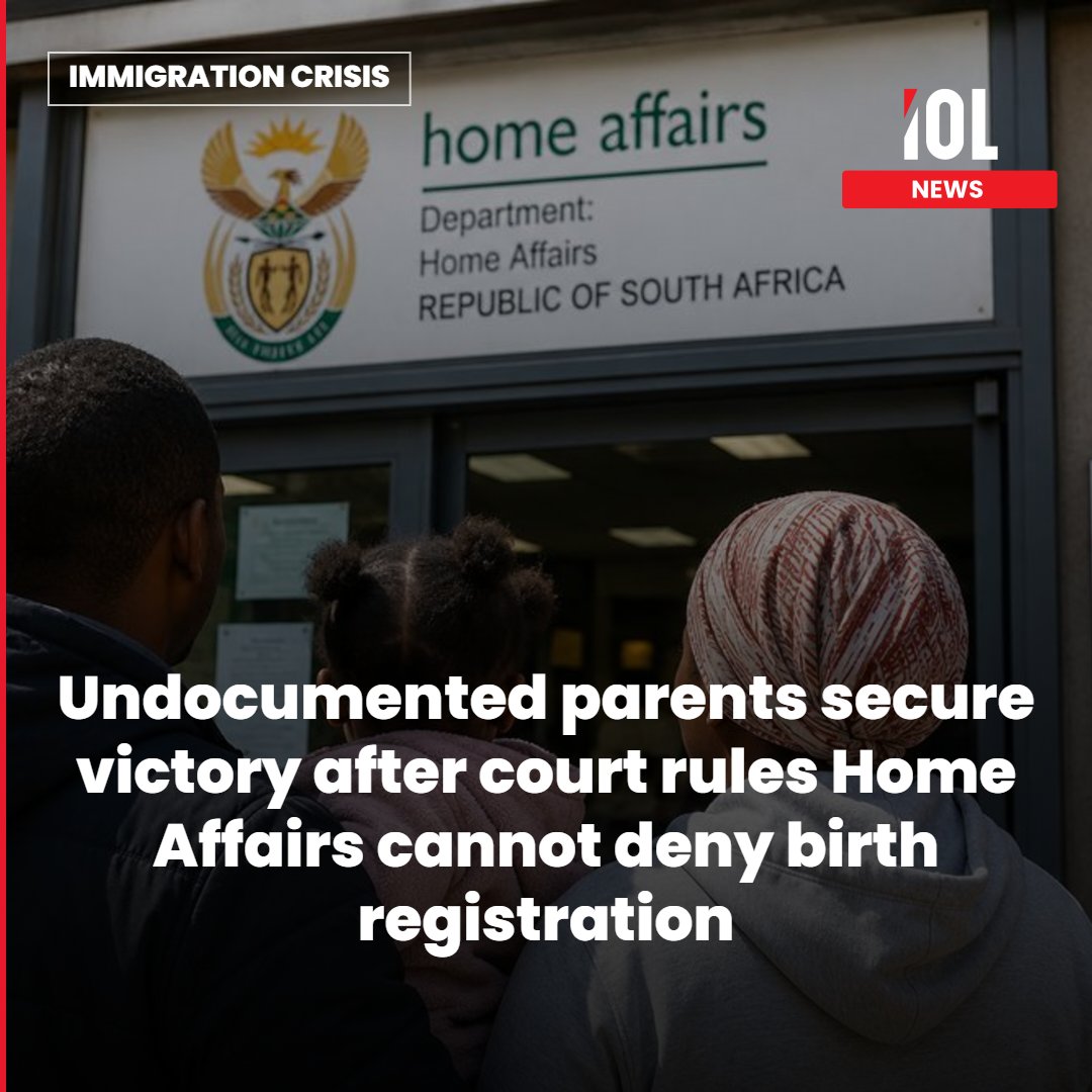 IOL's tweet photo. Undocumented parents won a legal battle after the Western Cape High Court ruled that the Department of Home Affairs acted unlawfully by refusing to register the births of children solely because one or both parents lacked valid immigration documents.
Read on https://t.co/x7pPGEcvPn 
#BirthRegistration #HomeAffairs #UndocumentedParents