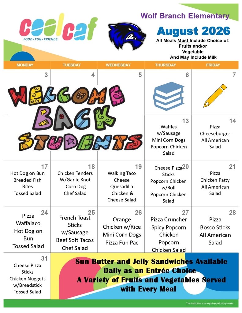 wbsd113's tweet photo. August,  2026 Lunch Menus
for
Elementary School and Middle School https://t.co/iKDVYjHshy