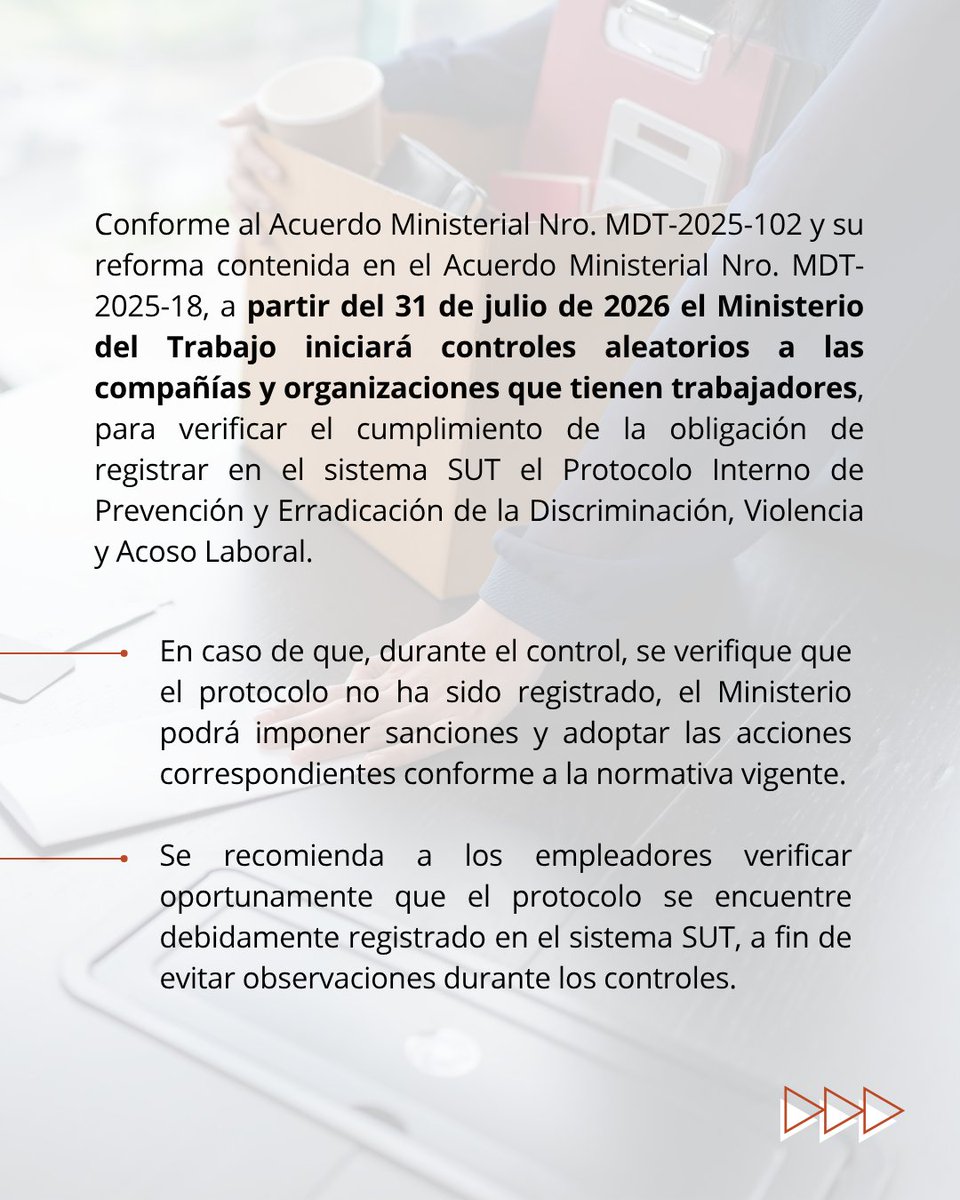 LRMabogados's tweet photo. A partir del 31 de julio de 2026 el Ministerio del Trabajo iniciará controles aleatorios para verificar el cumplimiento de la obligación de registrar en el sistema SUT el Protocolo Interno de Prevención y Erradicación de la Discriminación, Violencia y Acoso Laboral. https://t.co/Yh2seHAxih