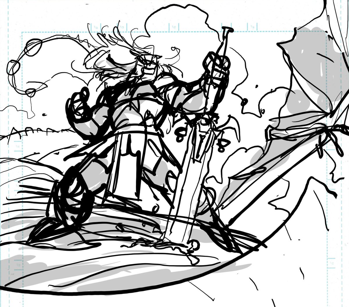 RyanOttley's tweet photo. A panel breakdown. Battle Beast winning at life. Even though he doesn’t want to. Final traditional pencils and inked page, then the initial digital layout shown in the second slide. https://t.co/03B3netEyb