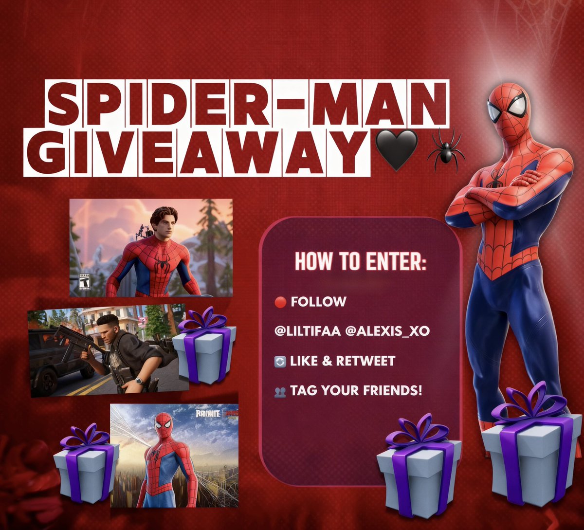 liltifaa's tweet photo. 🕸️ SPIDER-MAN SKIN!🕸️

Gear up, web-slingers! We are giving away a SPIDER-MAN SKIN OR PUNISHER SKIN to 2 LUCKY WINNERS! 🥇

Read the rules: 
🫂Follow @liltifaa &amp; @Alesix_xo 
❤️like
♻️retweet
💬tag a friend

⏰ENDS IN 72 HOURS! Good luck!🖤🔥
Not sponsored/affiliated with Epic/x https://t.co/0N2hmGbQTa