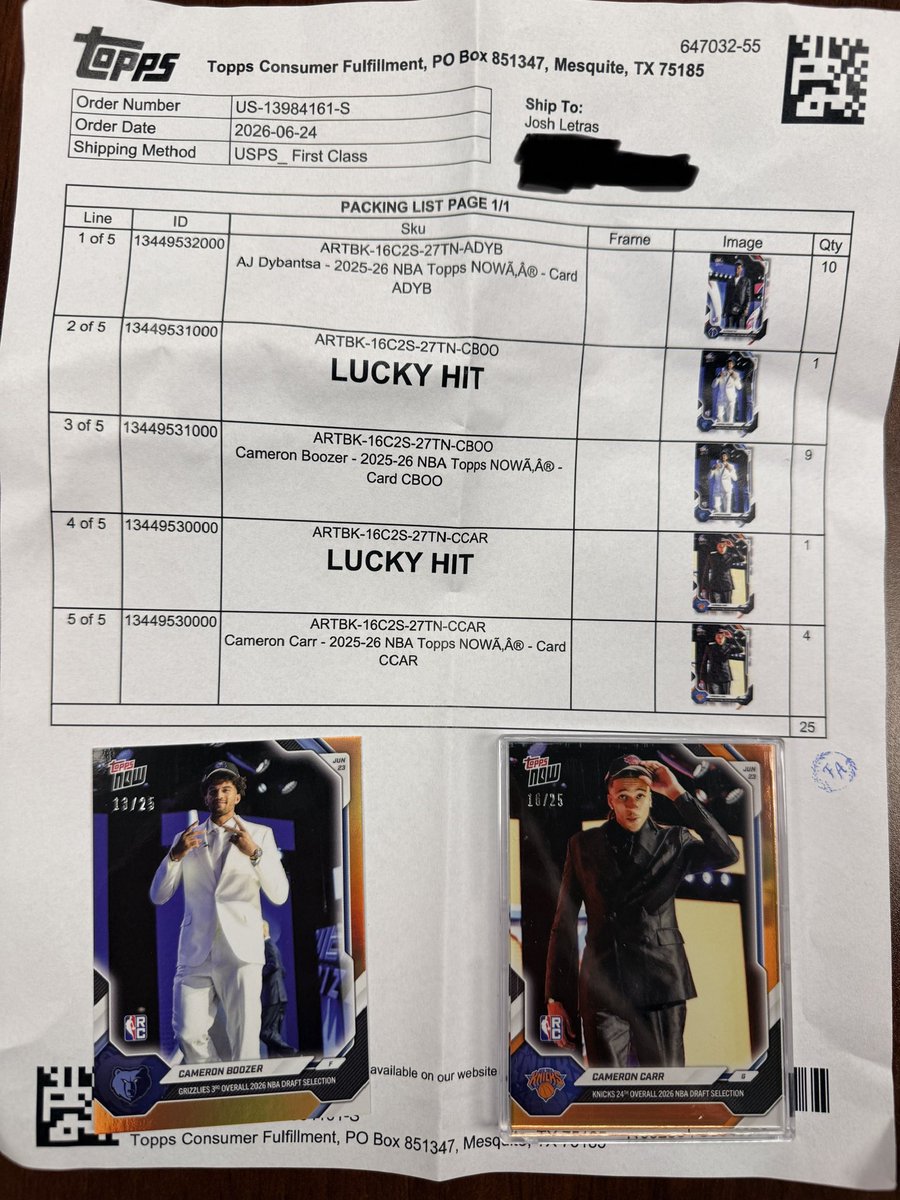 LetrasJosh2's tweet photo. And The Lucky Hits just keep on coming! TWO out of 25โs ๐ฅ๐ฅ๐ฅ๐ฅ@CardPurchaser @Topps #nbadraft #boozer #carr #cardcollector https://t.co/ZDF3cVswHF