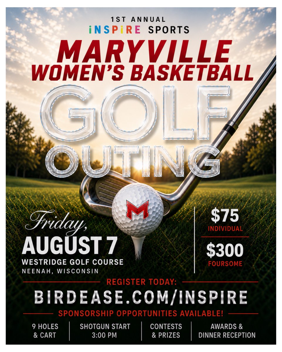 MaryvilleWBB's tweet photo. ⛳️Less than 2 weeks away until our 1st Annual iNSPiRE Sports Maryville Women's Basketball Golf Outing! 🏌️

REGISTER TODAY!
🔗 https://t.co/v2Q8QN9OIm

Sponsorship opportunities still available!
ℹ️ https://t.co/l20jMdFEIo

🗓️ August 7
⏰ 3:00 PM Shotgun Start
📍 Neenah, Wisconsin
👤 $75 per Individual
👨‍👩‍👧‍👦 $300 per Foursome

Includes 9 holes of golf, cart, dinner/reception, prizes & more!

#BigRedM | #AlwaysUs