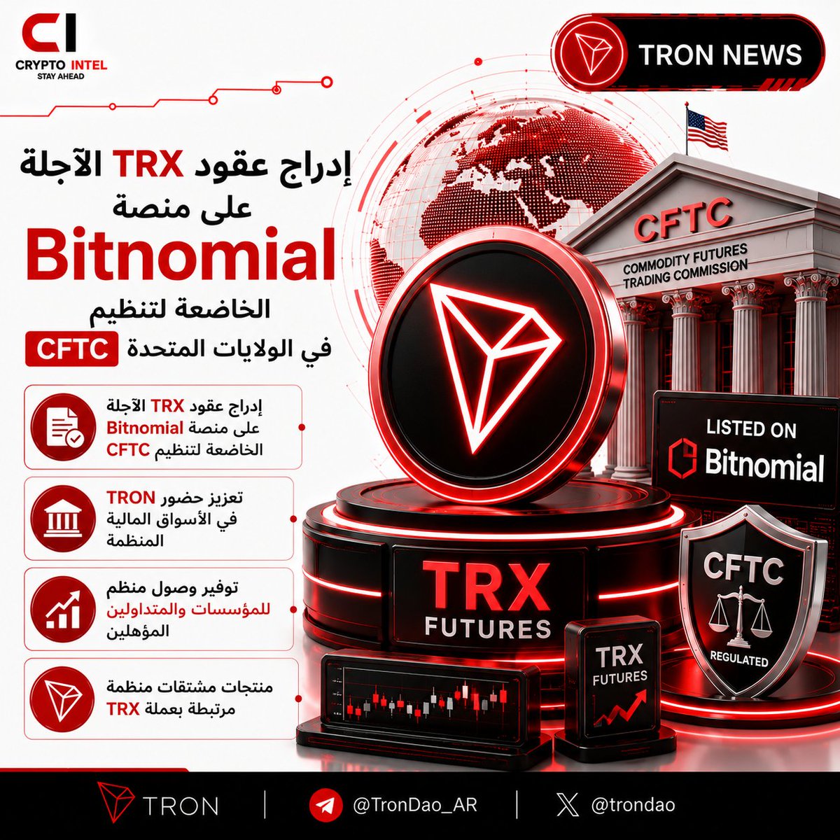 OLM_2's tweet photo. 🚨 أعلنت #TRONDAO عن إدراج عقود #TRX الآجلة على منصة Bitnomial الخاضعة لتنظيم CFTC في الولايات المتحدة.
🏛️ ويعزز هذا الإدراج حضور TRON في الأسواق المالية المنظمة، ويوفر للمؤسسات والمتداولين المؤهلين وسيلة جديدة للوصول إلى منتجات مشتقات منظمة مرتبطة بعملة TRX.
📖 التفاصيل: https://t.co/8AlVAI4lvK⁠
#TRON #TRONGlobalFriends #TGF
@TronDao_AR @trondao
