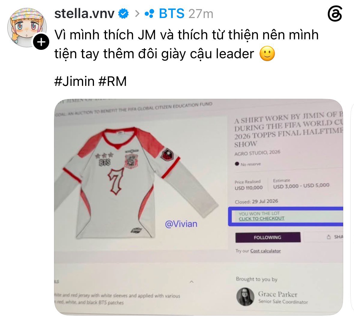 formko9's tweet photo. OMG😭❤️‍🔥

The girl who bought Jimin's t-shirt for $110,000 is a Jimin stan,and she also bought Namjoon's shoes.because she loves charity work and wanted to increase her donations https://t.co/gns3vv3PLr