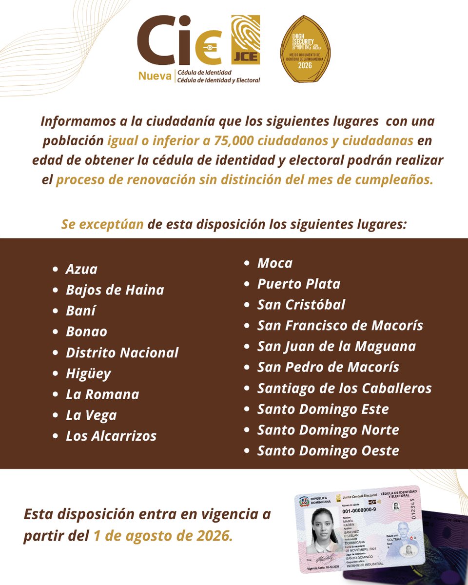 juntacentral's tweet photo. A partir del 1 de agosto de 2026, los siguientes lugares con 75,000 ciudadanos y ciudadanas o menos en edad de obtener la cédula podrán renovar su cédula de identidad y electoral sin importar el mes de cumpleaños.

Consulte los lugares donde no aplica esta disposición. https://t.co/Ez2ZMaRvIc