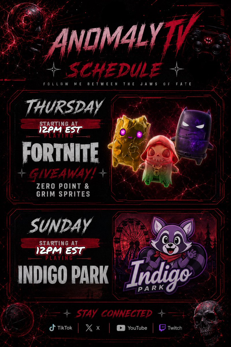 AN0M4LYTV's tweet photo. Tune into the AN0M4LYTV stream tomorrow at 12pm EST for sprite drops and giveaways! Also check us out on Sunday for Indigo Park same time!  #streamer #fyp #fortnite #fortnitesprites #twitch #tiktok https://t.co/x6UVly3xJg