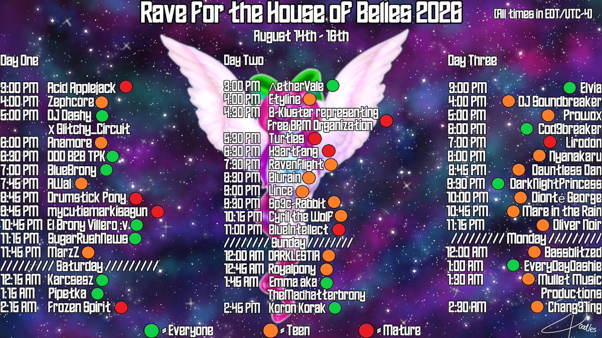 RaveHouseBelles's tweet photo. We are delighted to finally present you the full schedule for the 2026 Rave for the House of Belles! 🗒️

Join us on from the 14th to the 16th of August for three days of music in support of Blood Cancer United! 🎉

(All times are in EDT/UTC-4) https://t.co/isKUMJosZ7