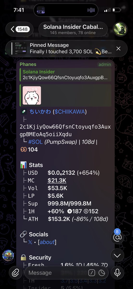 sol_insider0's tweet photo. Watch your entry on $CHIIKAWA
Called at $21.3k Mc

Ca: 2c1KjiyQow66QfsnCtoyuqfo3AuxgpBMEoAq5oiiXqdu https://t.co/W6ejk786Up